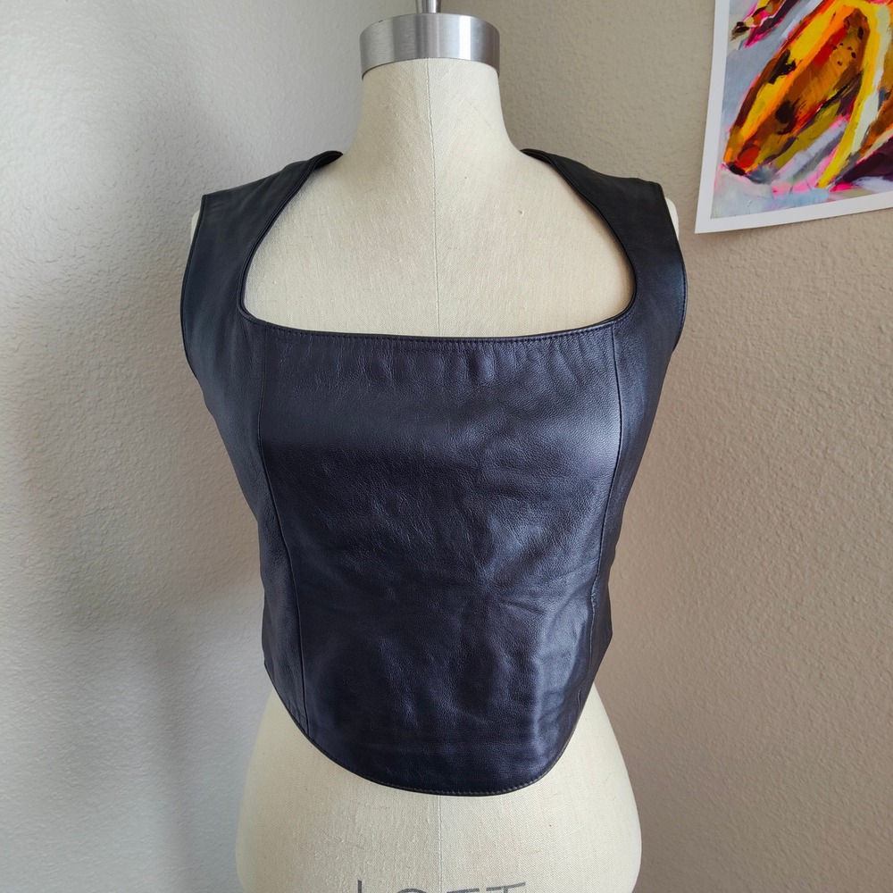 VTG Pelle Studio Wilsons Black Leather Corset Vest Top Goth Moto Grunge Medium